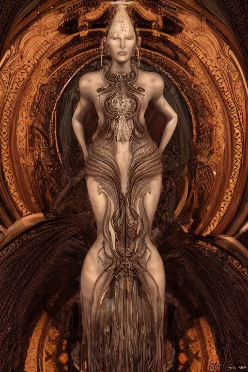 Image similar to a realistic dark photo of a beautiful ancient alien woman goddess nataraja kate moss standing in iris van herpen dress jewelery and fractals in style of alphonse mucha art nuvo dmt trending on artstation made in unreal engine 4