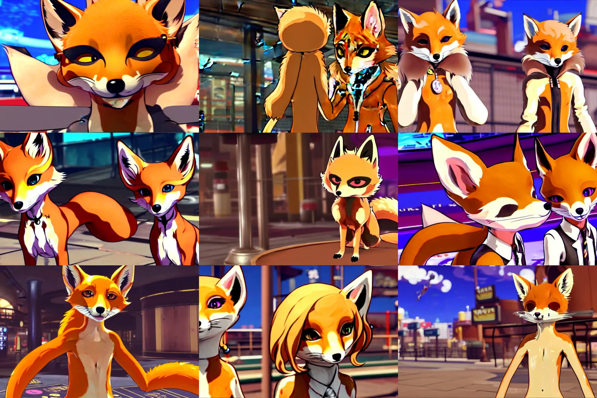 Prompt: a furry sand - colored tan fox fursona ( has hair ), in the persona 5 : royal ( by atlus ) video game casino level