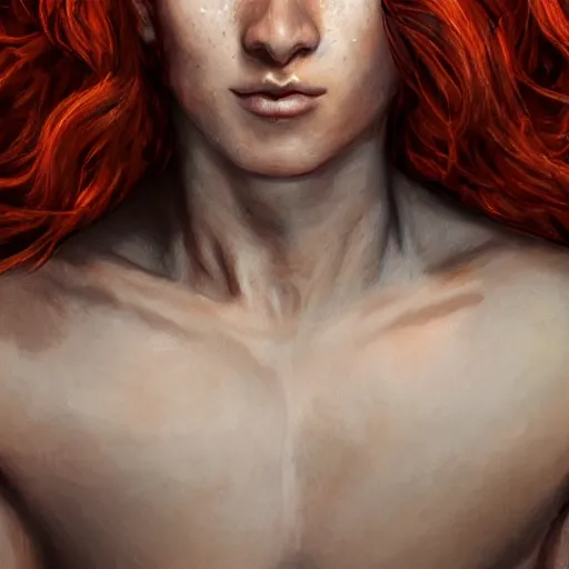 Image similar to portrait of a teen boy with long red hair and a lot of freckles and muscular, intricate, highly detailed, digital painting, artstation, sharp focus, illustration