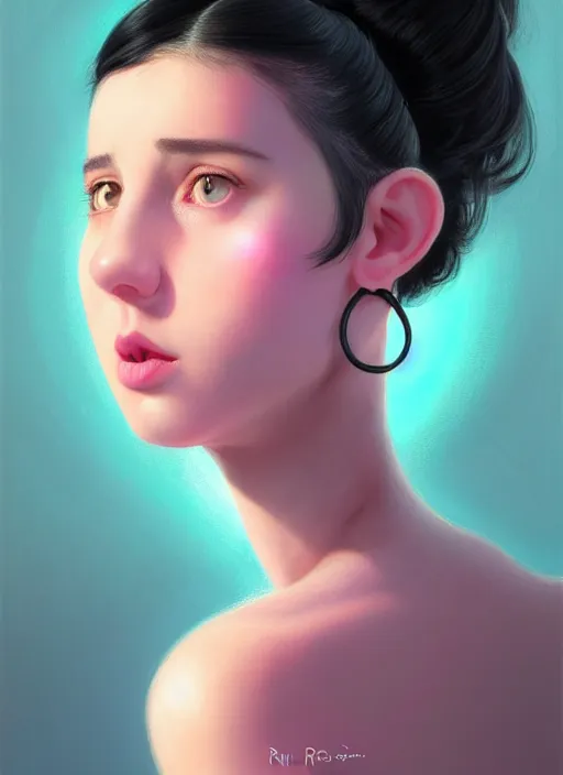 Image similar to portrait of teenage girl, narrow face, black hair, bangs, half updo hairstyle, pointy nose, skinny, unattractive, defined jawline, big chin, pink hair bow, hoop earrings, intricate, elegant, glowing lights, highly detailed, digital painting, artstation, sharp focus, illustration, art by wlop, mars ravelo and greg rutkowski