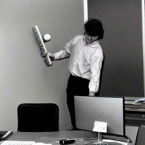 Image similar to bjarne stroustrup smashing a computer with a large mallet, photograph in an office taken in 1 9 9 5