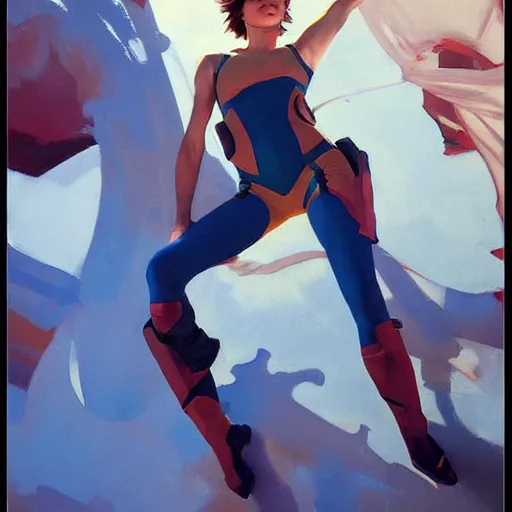 Prompt: greg manchess painting of tracer wearing a skintight suit, medium shot, organic painting, sunny day, bold shapes, hard edges, street art, trending on artstation, by huang guangjian and gil elvgren and sachin teng and artgerm and greg rutkowski and alphonse mucha