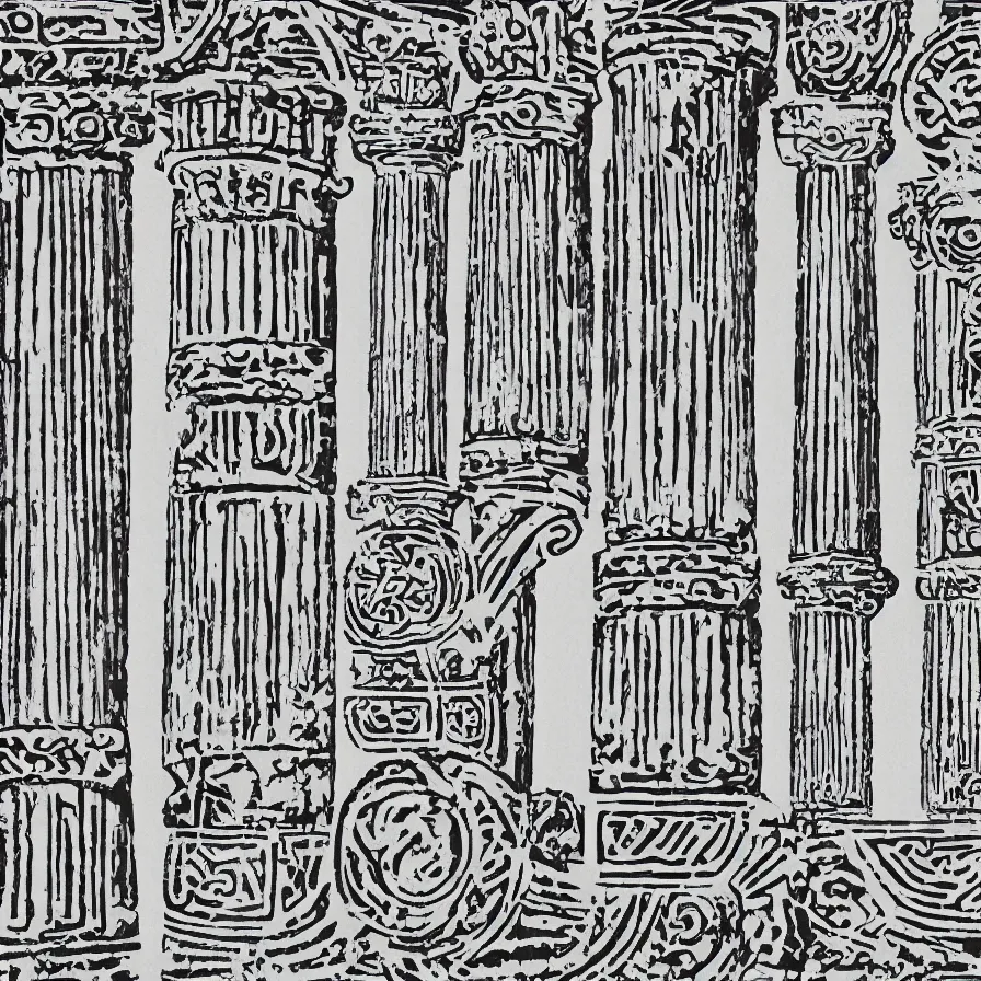 Prompt: ancient greece monochrome patterns, pillars, spears, numerals, glyphs