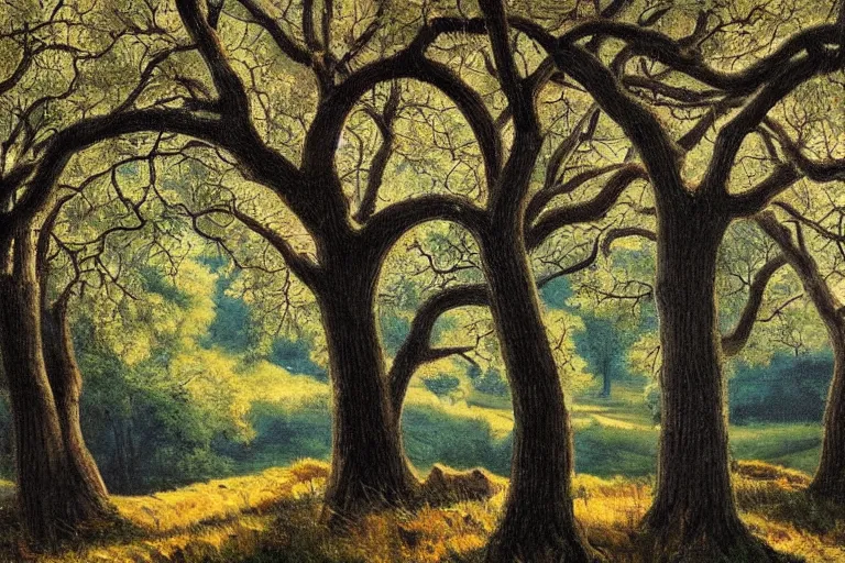 Image similar to masterpiece painting of oak trees on a hillside overlooking a creek, dramatic lighting, by charles santore