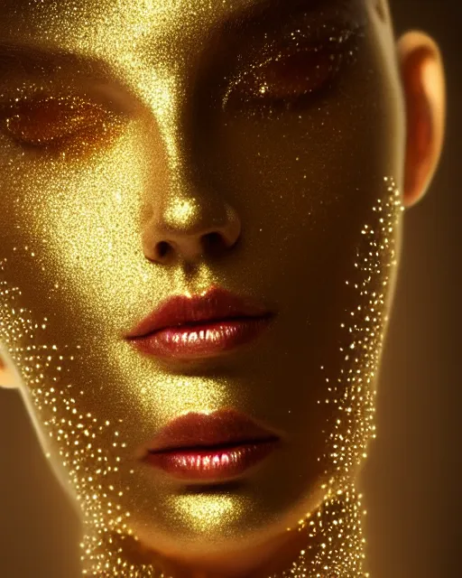 Image similar to pearl skinned dancer, golden droplets on her face, chessboard pattern clothes, full body picture, crystal eyes, perfect face, atmosphere, glowing, radiant, dancing in the mud, cinematic lighting, high quality, perfect, 8 k high detail, masterpiece, trending on artstation, by ken wong