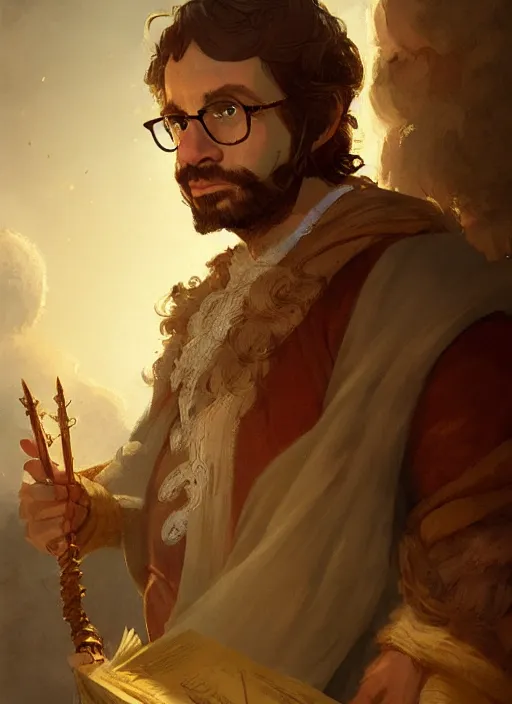 Image similar to illustration of rick moranis as a bard dressed in renaissance clothing with a big beard, by greg rutkowski artstation