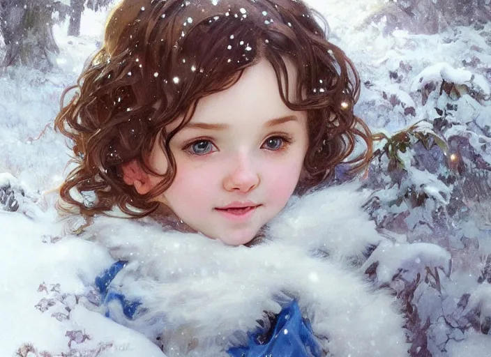 Prompt: A cute little girl with short curly brown hair and blue eyes, a round cherubic face and a happy expression. She is standing in a snowy forest trying to catch snowflakes. beautiful fantasy art by By Artgerm and Greg Rutkowski and Alphonse Mucha, trending on artstation.