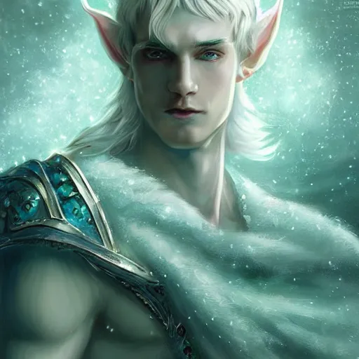 Prompt: handsome male snow elf in a turquoise cape and silver ornate armour, highly detailed face, albino skin, pointed ears, ethereal opalescent mist, moonlight snow, fantasy art, perfect face, elegant, very coherent symmetrical artwork, atmospheric lighting, rule of thirds, by wenjun lin, krenz cushart, charlie bowater, trending on artstation