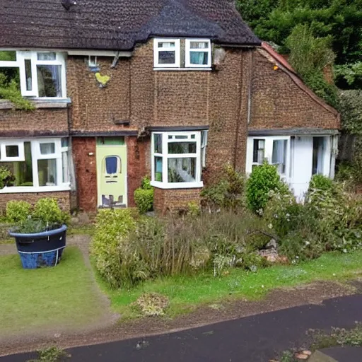 Prompt: british 1930s semi detached house with front gardens on the moon with earth in the background