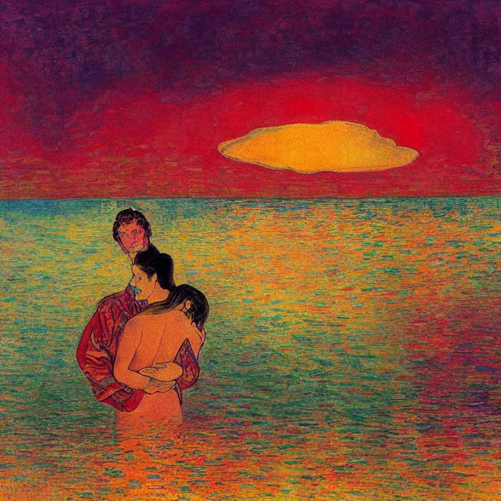 Image similar to close portrait of man kissing woman in the water. tsunami great wave, red sun setting through the storm clouds. iridescent, vivid psychedelic colors. painting by munch, agnes pelton, egon schiele, henri de toulouse - lautrec, utamaro, monet