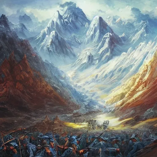 Prompt: A huge army between two mountains, huge banners can be seen, fantasy, oil painting, extra detailed