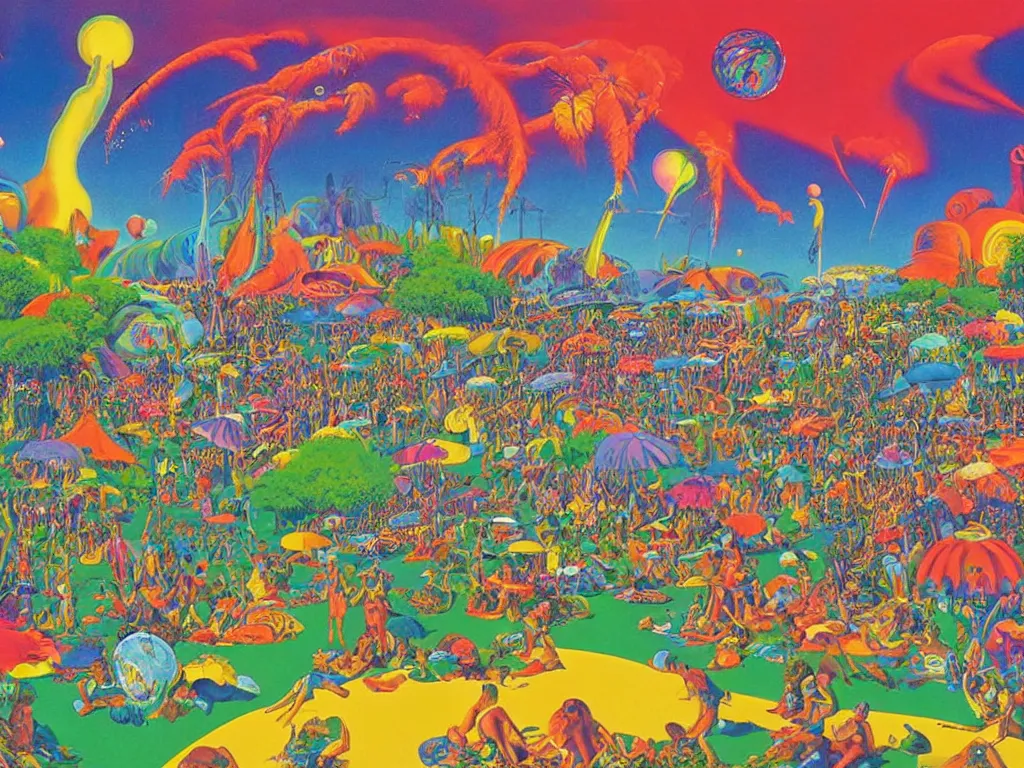 Image similar to a beautiful view of a groovypunk gathering in a public park, art by ron walotsky and peter max and roger dean