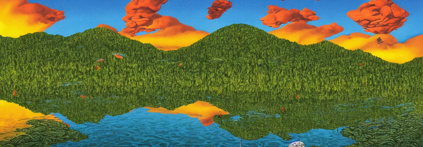 Prompt: escher painting of a lake, big trees reflecting on lake surface, mountains at background, an ufo in the air, fluffy clouds, sunset, yellow, green, red, snowy, ultra sharp, ultra detailed, happy, uplifting, colorized by salvador