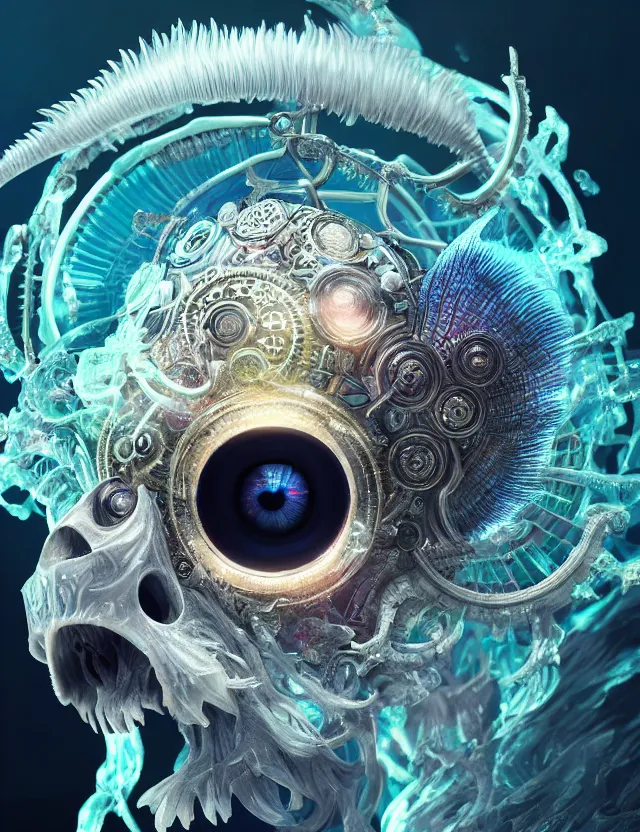 Image similar to eye of god macro close - up portrait with mask made of ram skull. betta fish, jellyfish phoenix, plasma, ice, water, wind, creature, super intricate ornaments artwork by tooth wu and wlop and beeple and greg rutkowski