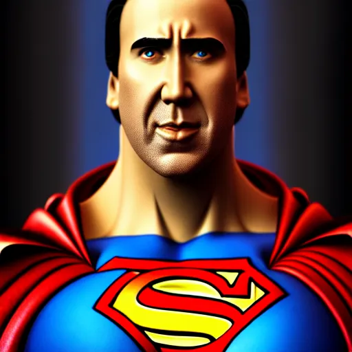 Image similar to upper body portrait of nicolas cage as superman, intricate, elegant, highly detailed, digital painting, artstation, concept art, smooth, sharp focus, illustration, art by artgerm and greg rutkowski and alphonse mucha, 8 k