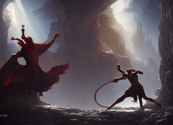 Prompt: god fighting the devil, dramatic light, dungeon background, high detail, fantasy background, painted todd lockwood, stanley lau, greg rutkowski, artgerm, digital art, trending on artstation