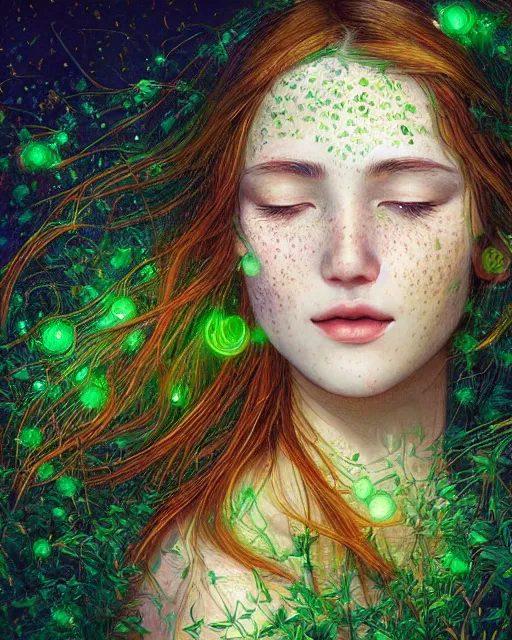 Image similar to a young woman, amazed by the lights of golden fireflies, sitting in the midst of nature fully covered, long loose red hair, intricate linework, dreamy green eyes, small nose with freckles, oval shape face, soft happy smile, realistic, expressive emotions, dramatic lights scene, hyper realistic ultrafine digital art by james jean and albert bierstadt and artgerm