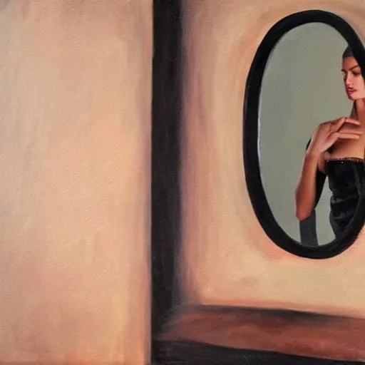 Prompt: hyperrealism oil painting of a sensual fashion model looking in mirror