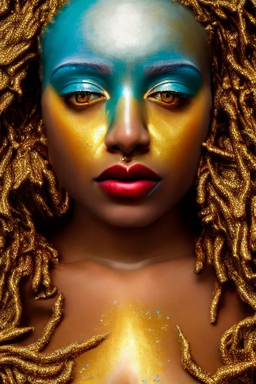 Prompt: hyperrealistic post - symbolist cinematic very beautiful! oshun goddess with white eyes, yoruba body paint, chrome dripping droplet lips, gold flowers, highly detailed digital art masterpiece, smooth etienne sandorfi eric zener dramatic pearlescent soft teal light, ground angle uhd 8 k, sharp focus