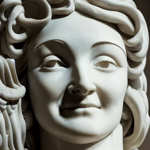 Prompt: Sheryl Sandberg marble statue by Michelangelo, Metropolitan Museum of Fine Art, close up, 85mm f/1.4