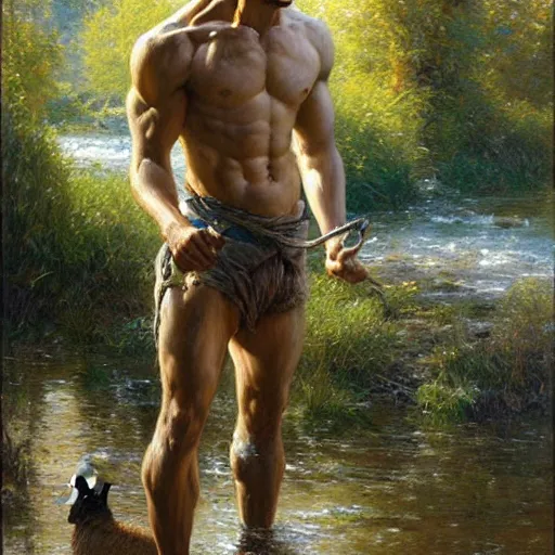 Image similar to young shepherd by a river, playful, male, muscular, detailed face, thighs!!!! gorgeous, amazing, muscular, intricate, highly detailed, painting by Gaston Bussiere, Craig Mullins