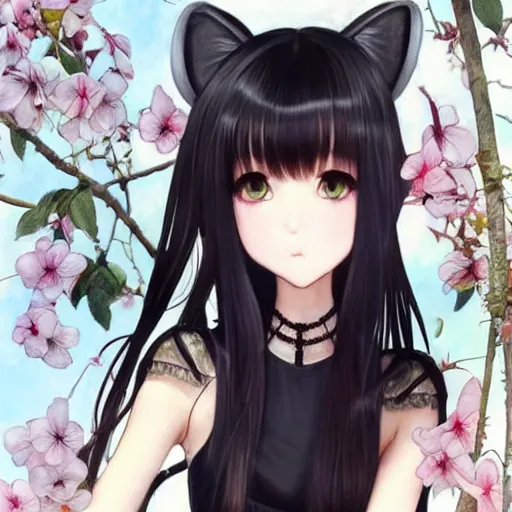 Image similar to realistic beautiful gorgeous natural cute Blackpink Lalisa Manoban black hair fur black cat ears, wearing white camisole summer outfit, headphones, black leather choker, tonemapping artwork drawn full HD 4K highest quality in artstyle by professional artists WLOP, Ayami Kojima, Aztodio, Alphonse Mucha, Taejune Kim, Guweiz on Pixiv Instagram Artstation