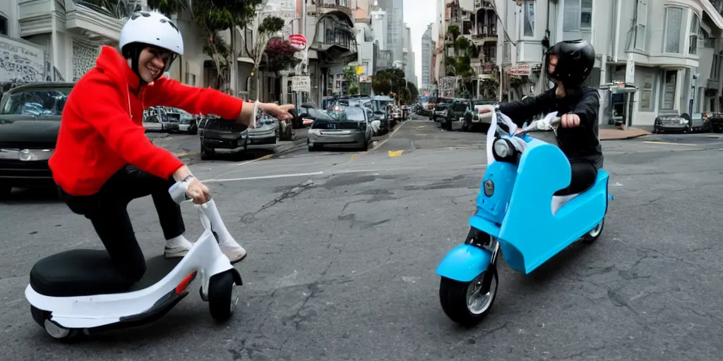 Prompt: cat riding electric scooter in san francisco, 80s cartoon style