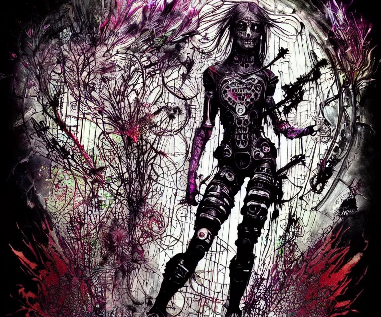 Image similar to gothic mute hybrid cyborg warrior girl, cybor clothes shaping love!, freedom fighter, eerie, cinematic, epic, 8 k, ultra realistic, rendered by awesomeness. | a psychedelic apocalypse, illustration by albrecht durer, concept art in style of carne griffiths artwork by xsullo. | backround of beautiful floweres floatingby elson, peter kemp, peter