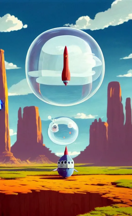 Image similar to a scary hyperrealist painting of a rocketship in a giant transparent cubic bubble from howl's moving castle ( 2 0 0 4 ) in a flooded monument valley stonehenge jungle. depth perception, 4 k, artstation, in the style of studio ghibli
