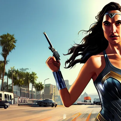 Prompt: gal gadot in gta v, cover art by stephen bliss, artstation, no text