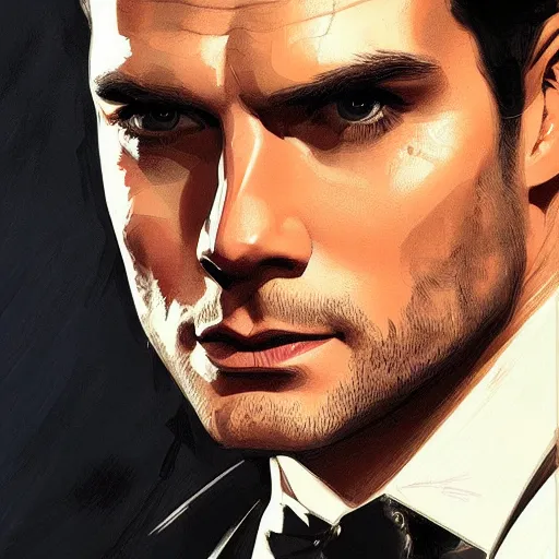 Image similar to henry cavill as james bond, portrait, highly detailed, digital painting, artstation, concept art, sharp focus, illustration, art by artgerm and greg rutkowski and alphonse mucha