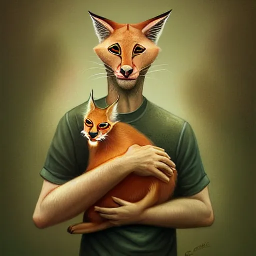 Prompt: Portrait of Ryan Gosling holding cute caracal in hands, Funny cartoonish by Gediminas Pranckevicius