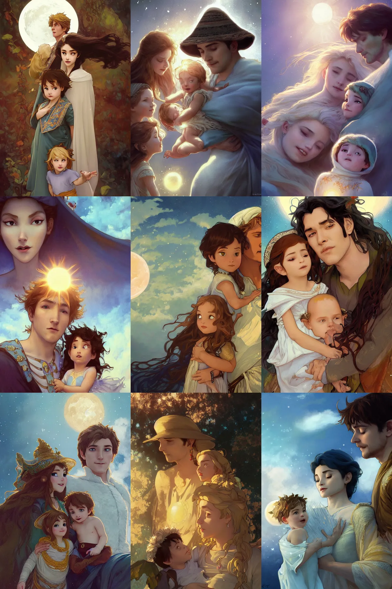 Prompt: a cinematic portrait of a beautiful family photograph close up moment of a young sun god and moon goddess magician family with child, portrait, wearing sunhat and clouds, Frozen Klaus film, digital painting, artstation, concept art, illustration, Frozen II art masterpiece by art by Krenz Cushart, Artem Demura, alphonse mucha, yoji shinkawa, ArtGerm, Jon Lothian, Danilo Torres, Adi Meyers, Thomas Reimann, Gaston Bussiere