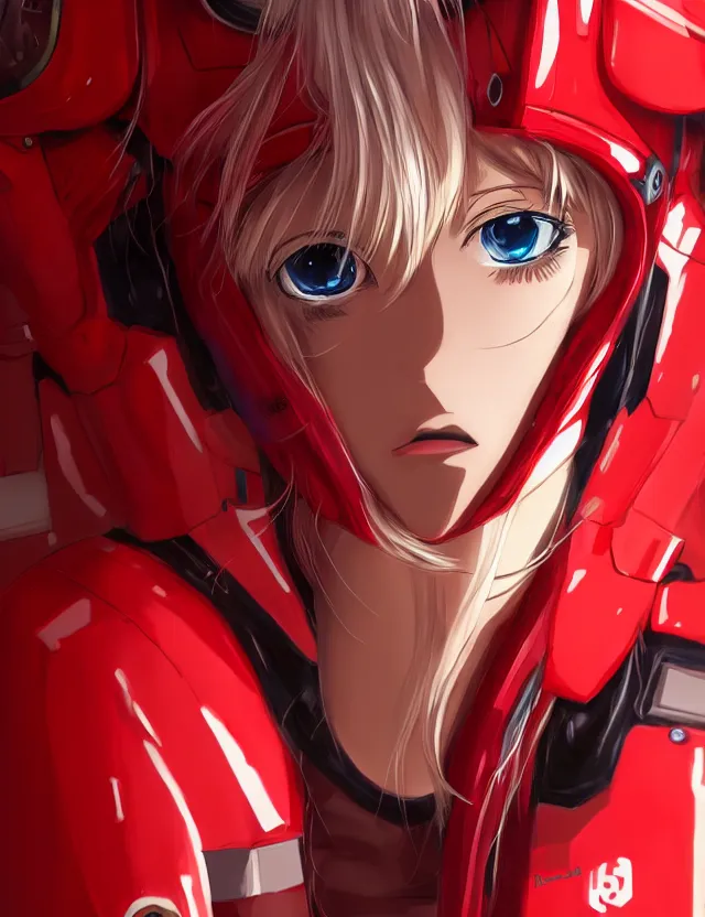 Image similar to an anime portrait of a blonde girl in a red mech suit, trending on artstation, digital art, 4 k resolution, detailed, high quality, sharp focus, hq artwork, coherent, insane detail