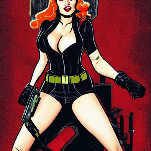 Image similar to black widow pinup, art by michael miller