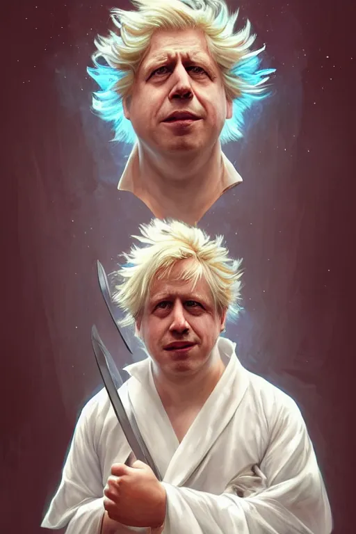 Image similar to Boris Johnson as Rick Sanchez, one eyebrow, white robe, big eyes, 2d portrait, symmetrical, highly detailed, digital painting, artstation, concept art, smooth, sharp focus, illustration, cinematic lighting, art by artgerm and greg rutkowski and alphonse mucha