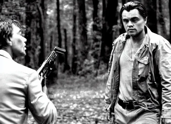 Image similar to an action scene from the movie scarface, medium long shot, filmed in the dark woods, a cabin in the background, leonardo dicaprio and daniel day - lewis, sharp eyes, serious expressions, detailed and symmetric faces, black and white, cinematic, epic,