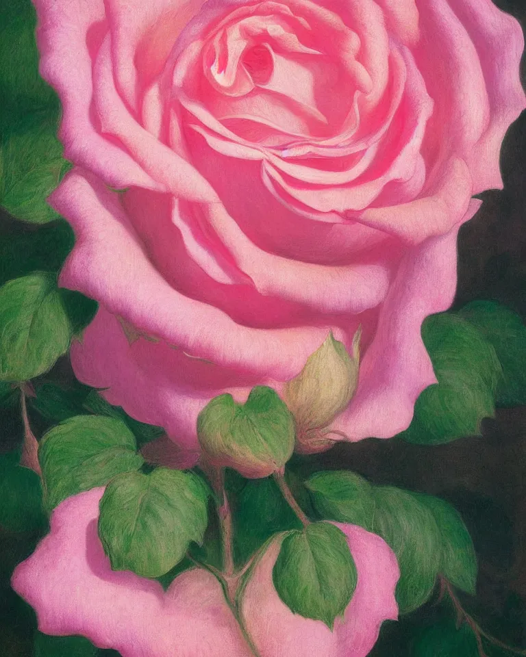 Prompt: achingly beautiful extreme close up painting of blooming pink rose by rene magritte, monet, and turner. piranesi. macro lens, symmetry, circular.