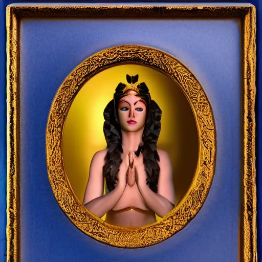 Image similar to seductive divine goddess with bright blue eyes and golden robe in a dark cave, photo 3 d,