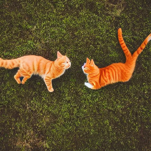 Prompt: two orange tabby cats frolicking in a field of clouds