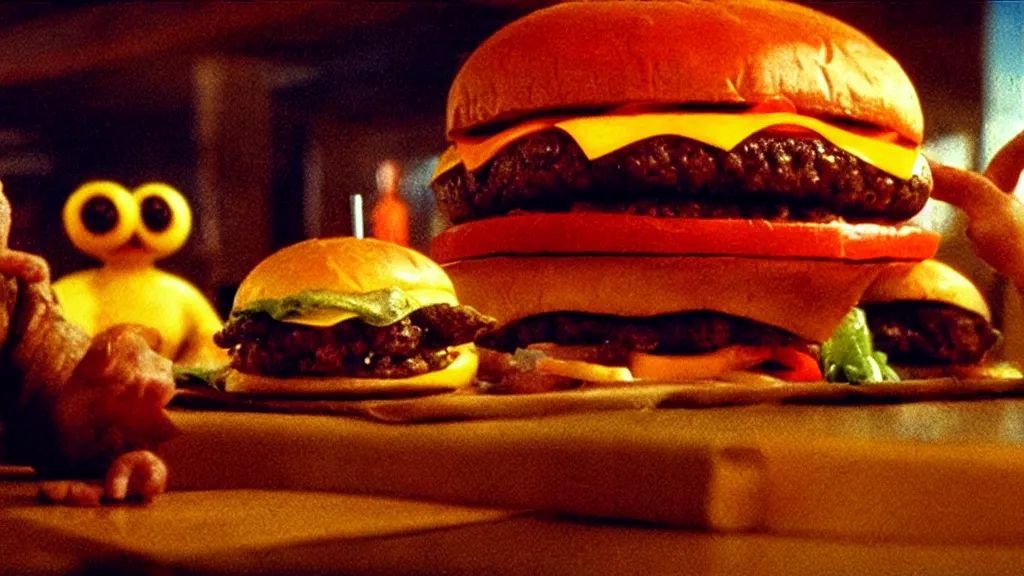 Image similar to the strange cheeseburger creature at the fast food place, film still from the movie directed by denis villeneuve and david cronenberg with art direction by salvador dali and zdzisław beksinski, wide lens