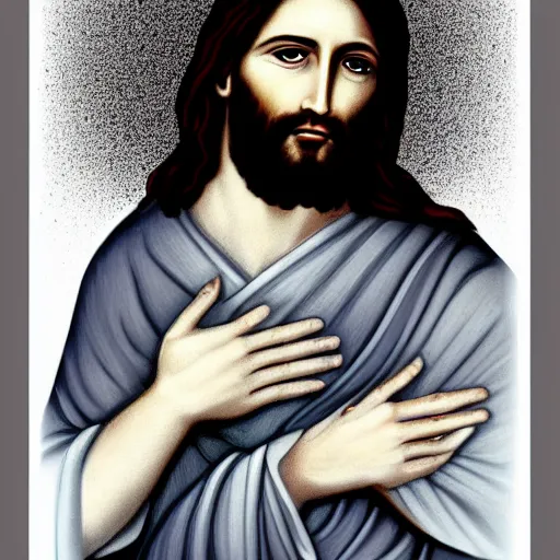 Prompt: jesus holding his right hand in his face, digital art