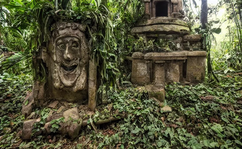 Prompt: ancient jungle altar with giant statue of SpongeBob, abandoned, overgrown, atmospheric, cgisociety