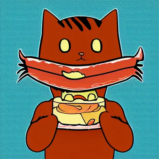 Prompt: A sticker with a cat eating a bacon.Cartoon.digital art.high quality.high accuracy.colorful.beautiful