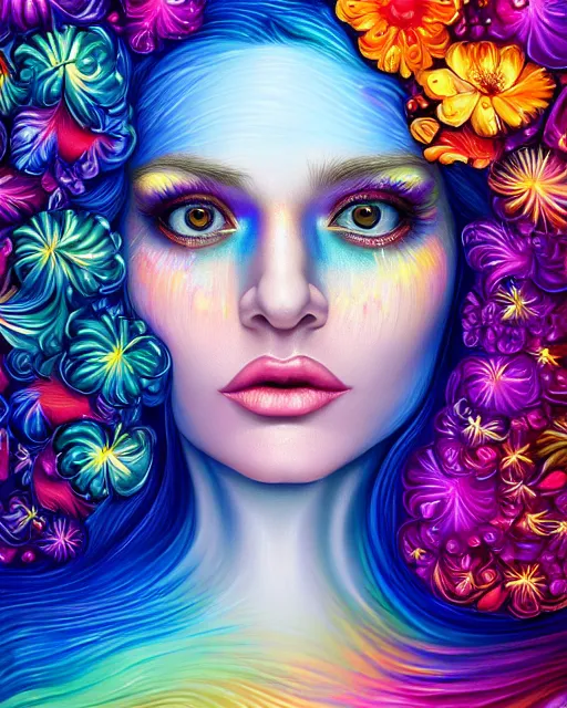 Prompt: ultra detailed realistic colorful acrylic pour flow portrait painting of a iridescent - haired woman with striking eyes, professional makeup, girl in a bed of flowers, directed gaze, vintage film, digital art by rhads, lisa frank, clint cearley, trending on artstation, psychedelic art, psychedelic, metaphysical, vibrant colors, mystical, digital illustration