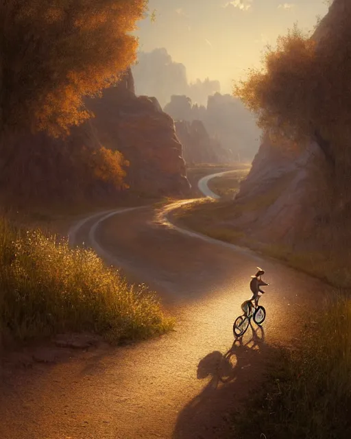 Prompt: a painting of a person riding a bike down a dirt road, a detailed matte painting by julian onderdonk, cgsociety, photorealism, reimagined by industrial light and magic, unreal engine 5, unreal engine