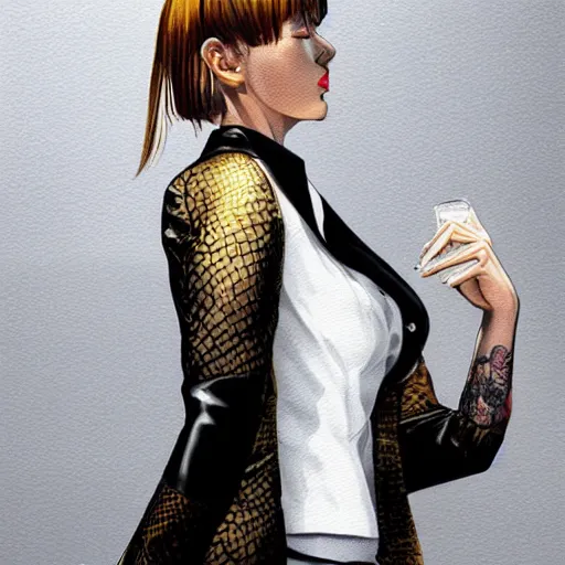 Prompt: yakuza slim girl, gold suit jacket in snake print, jacket over bare torso, yakuza tattoo Irezumi on body, black short curtain haircut, black leather pants with black belt, portrait, beautiful face, elegant, 2d, ultra highly detailed, digital painting, smooth, sharp focus, artstation, art by Ilya Kuvshinov, rossdraws