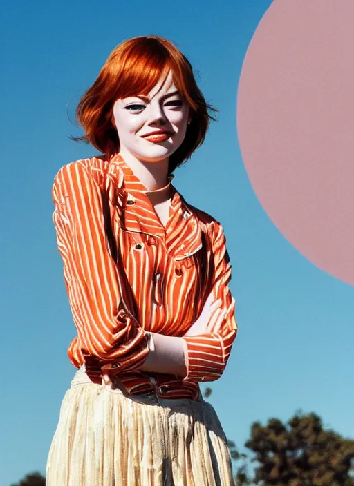 Prompt: young Emma Stone wearing a vintage Raypunk outfit, accurate anatomy, abstract sun in background, shiny soft skin, soft lighting, sharp details, warm colors, full body portrait, 35 mm film, subsurface scattering, lens flare