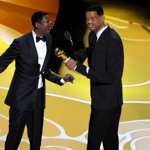 Image similar to chris rock slapping will smith on stage during the oscar awards, 8k, realistic