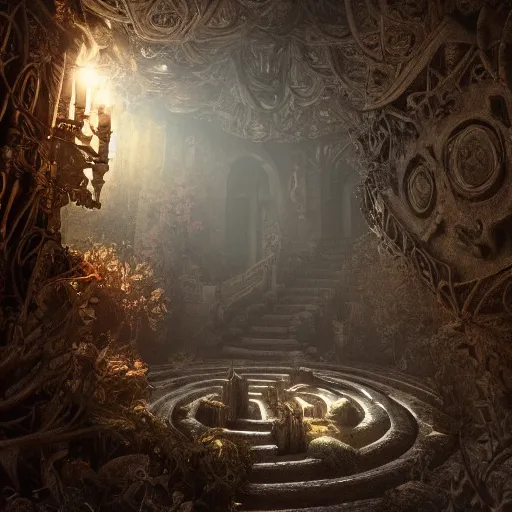 Image similar to Inside of a labyrinth, intricate, baroque, wonderland, mist, cinematic shot, photorealistic, photography, octane, high definition, detailed, 8k, artstation